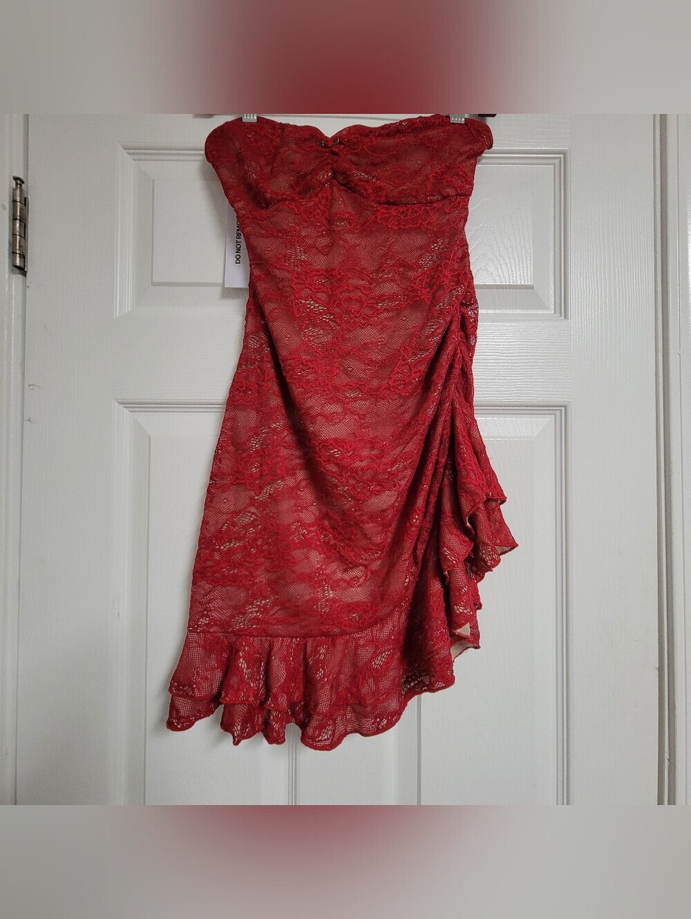 Princess Polly NWT Strapless Red Lace Ruched Mini Dress. - Picture 7 of 14